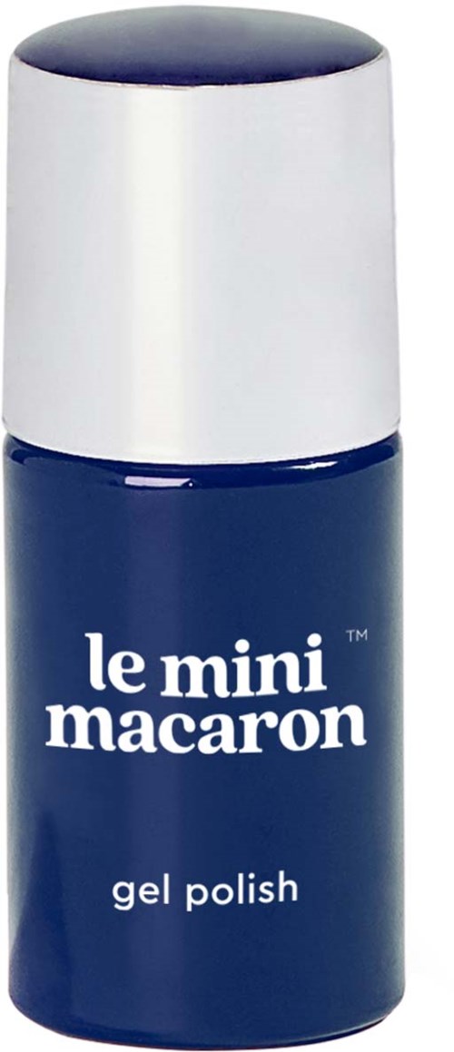 A small bottle of blue gel nail polish with a white cap and label reading "le mini macaron."
