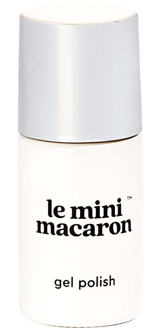 A white bottle of gel nail polish titled "le mini macaron" with a silver cap.