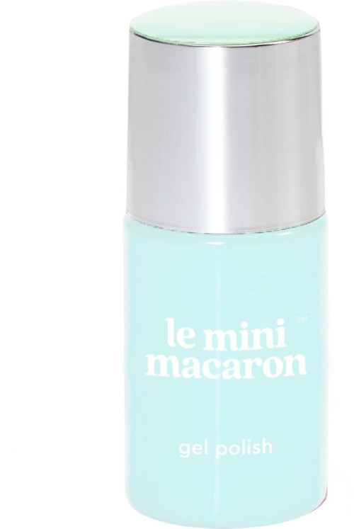 A small, light blue bottle of gel nail polish with a silver cap and white text.