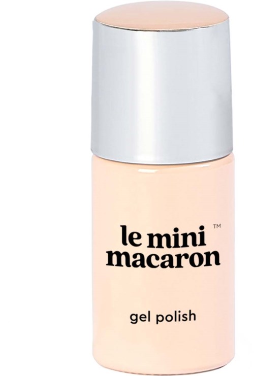 A small bottle of pink gel nail polish with a silver cap and black text.