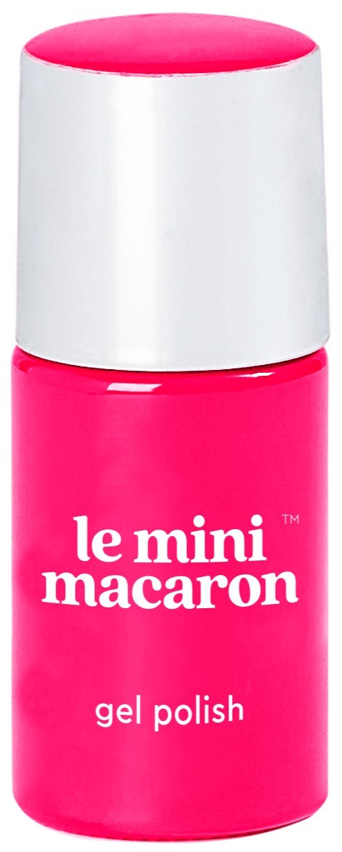 Pink bottle of gel nail polish with a white cap and white text reading "le mini macaron."