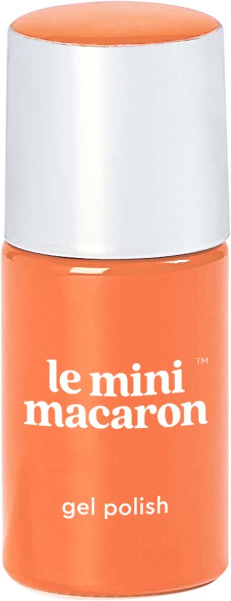 Small orange bottle with a white cap, labeled 'le mini macaron gel polish.'