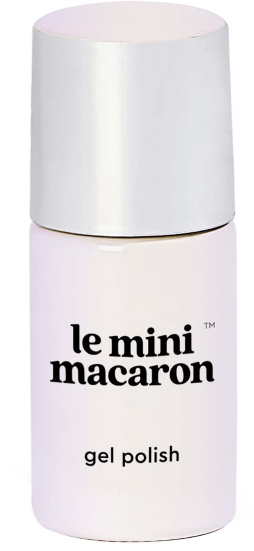 A small white bottle with a silver cap, labeled 'le mini macaron gel polish' for nails.