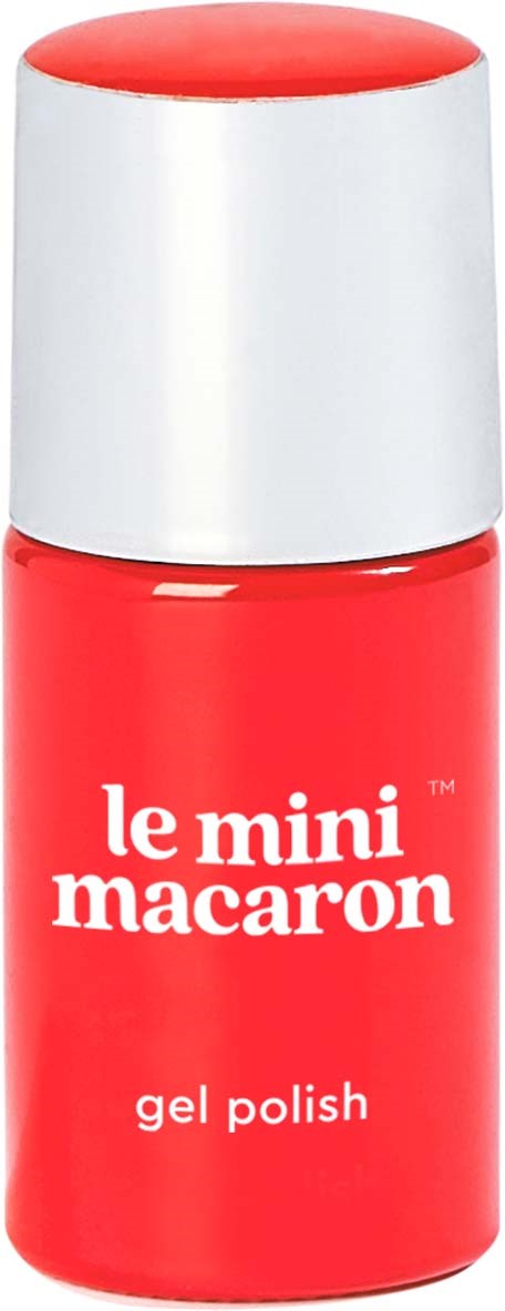 En liten, röd flaska med gelnagellack och vit hatt, märkt "le mini macaron."