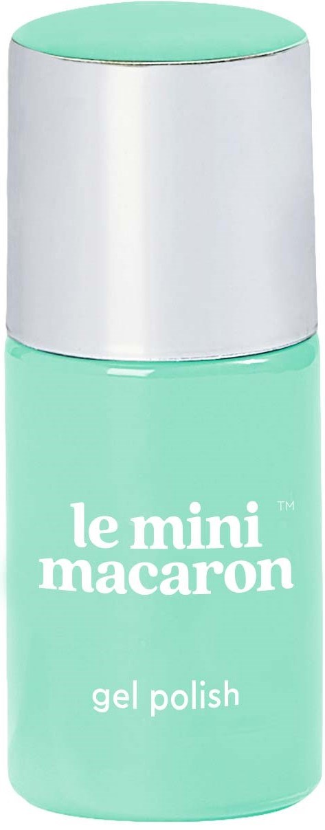 A bottle of mint green gel nail polish with a silver cap and white text reading 'le mini macaron' and 'gel polish'.