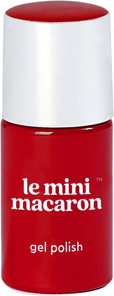 A red bottle of gel polish with a white cap, labeled 'le mini macaron'.