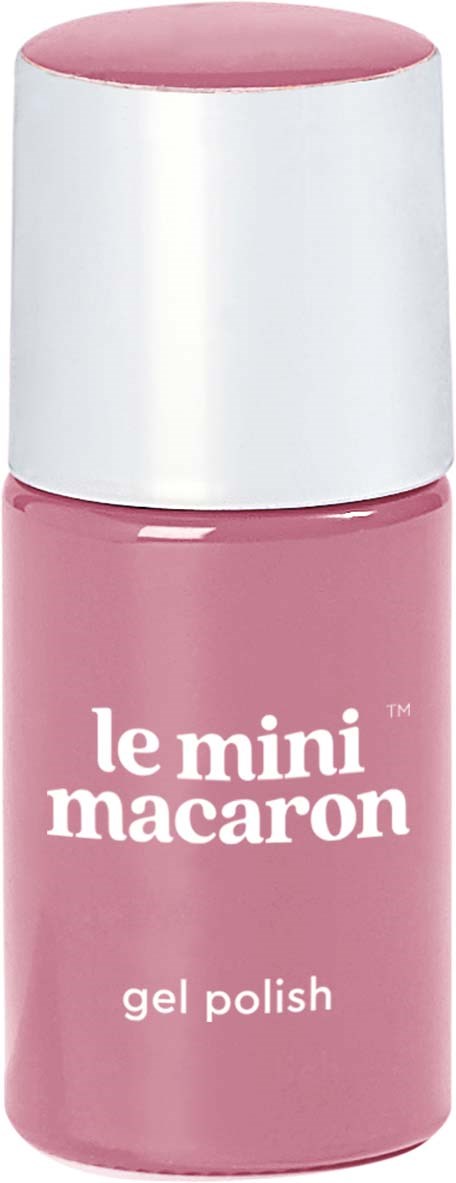 A small bottle of pink gel nail polish with a white cap, labeled 'le mini macaron gel polish.'