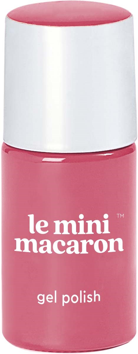 Pink gel nail polish bottle with white cap, labeled "le mini macaron."