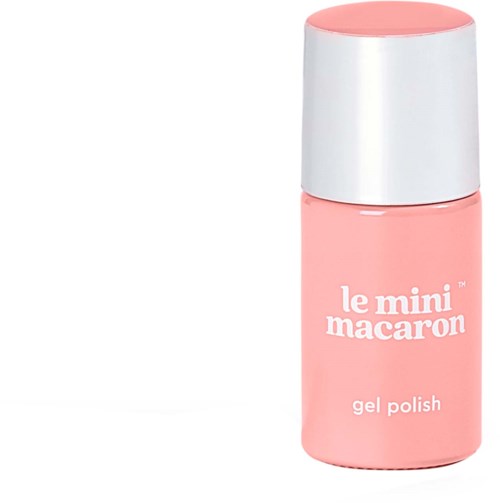 Pink gel polish bottle with a white cap, labeled "le mini macaron" and "gel polish."