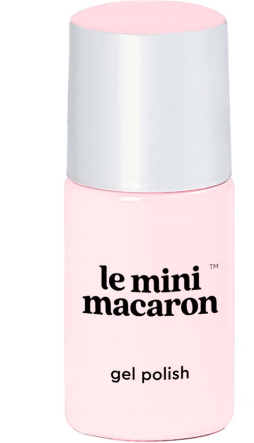 A small pink bottle labeled 'le mini macaron gel polish' with a silver cap.