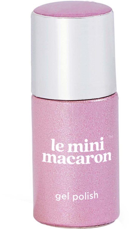 En liten rosa flaska med gelnagellack och silverkork, märkt "le mini macaron".