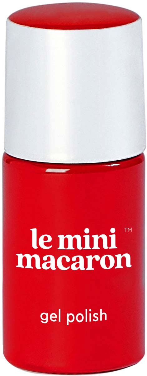Red gel nail polish bottle with a white cap, labeled 'le mini macaron' and 'gel polish'.