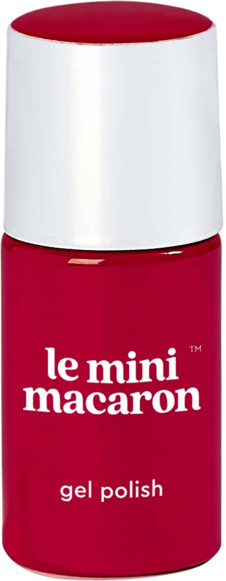 Red gel nail polish bottle with a white cap and white text reading "le mini macaron gel polish."