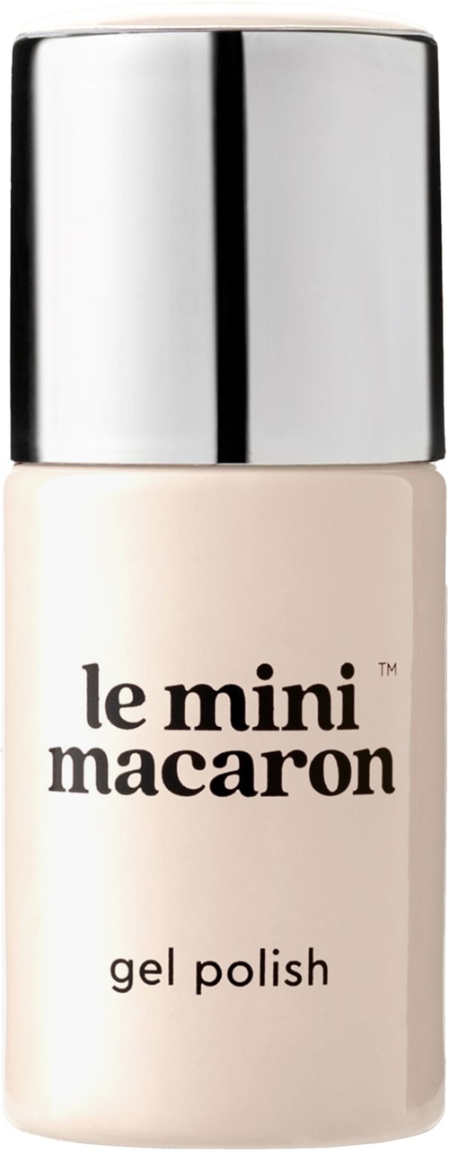 A bottle of light-colored gel polish with a silver cap and black text on the label.