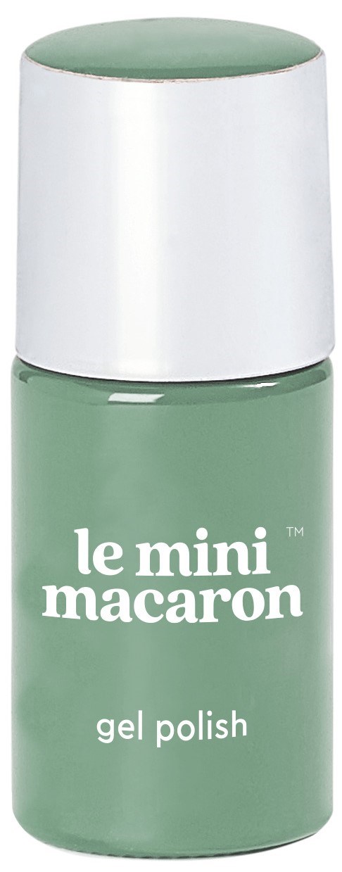 Green gel nail polish bottle with a white cap labeled "le mini macaron".