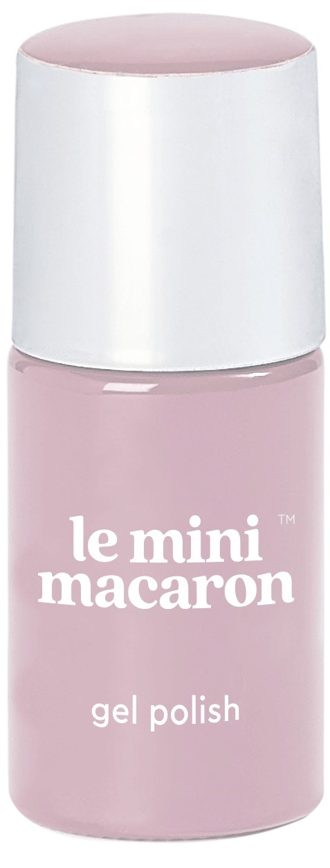 Liten rosa gelnagellackflaska med vit kapsyl och etikett med texten 'le mini macaron gel polish'.