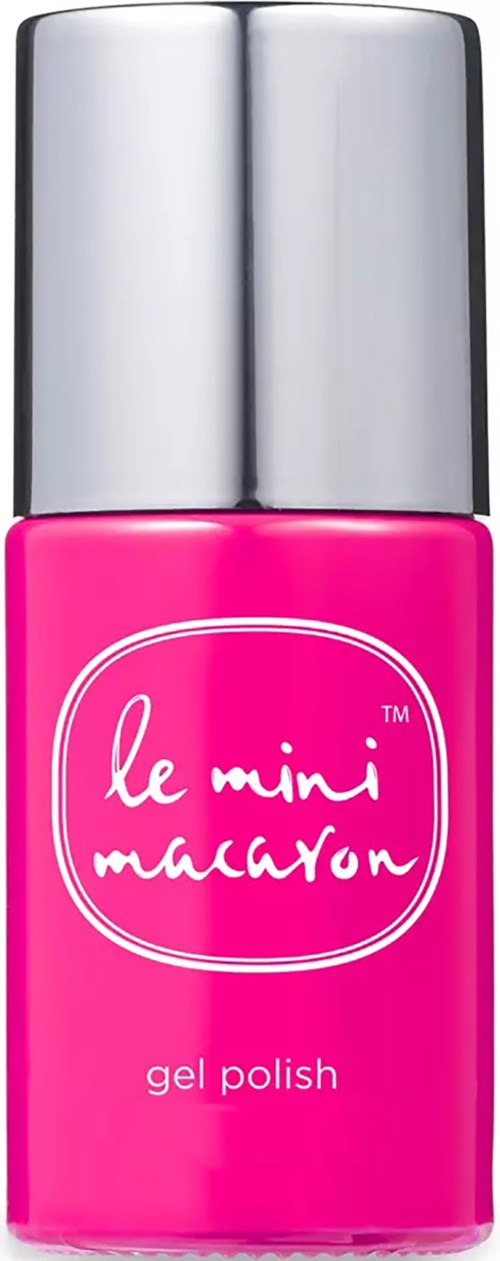Ljusrosa nagellackflaska med silverlock och vitt varumärkesnamn, 'le mini macaron,' på etiketten.