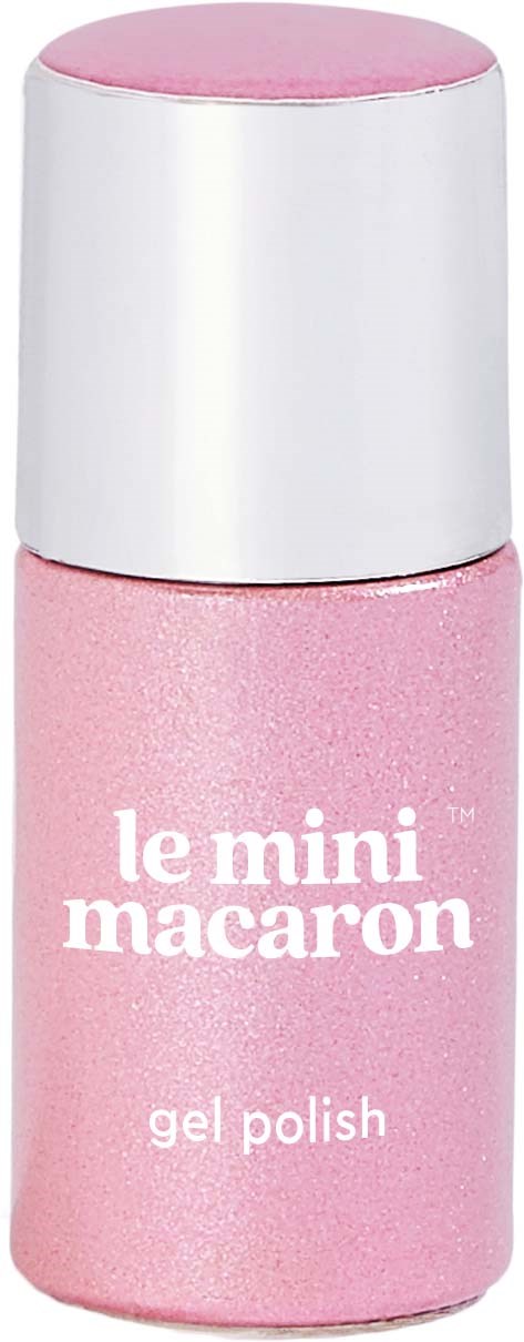 En liten rosa flaska med gelnagellack med ett silverlock och vitt text.