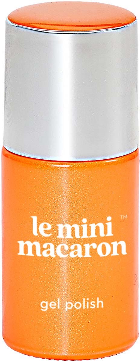 En liten, orange flaska med gelnagellack och silverlock, märkt 'le mini macaron'.