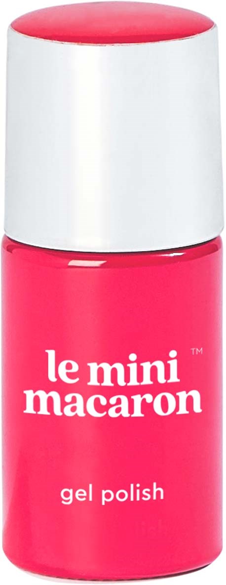 A small pink bottle of gel nail polish with a white cap and white text.