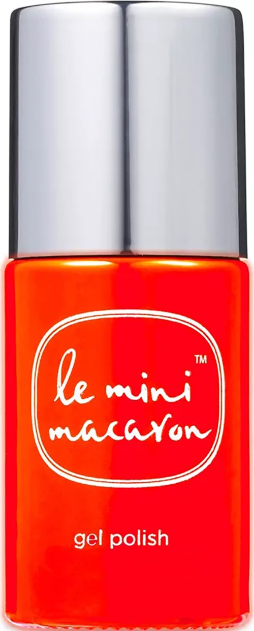 En liten orange flaska med silverlock, märkt 'le mini maccaron gel polish' med vit text.