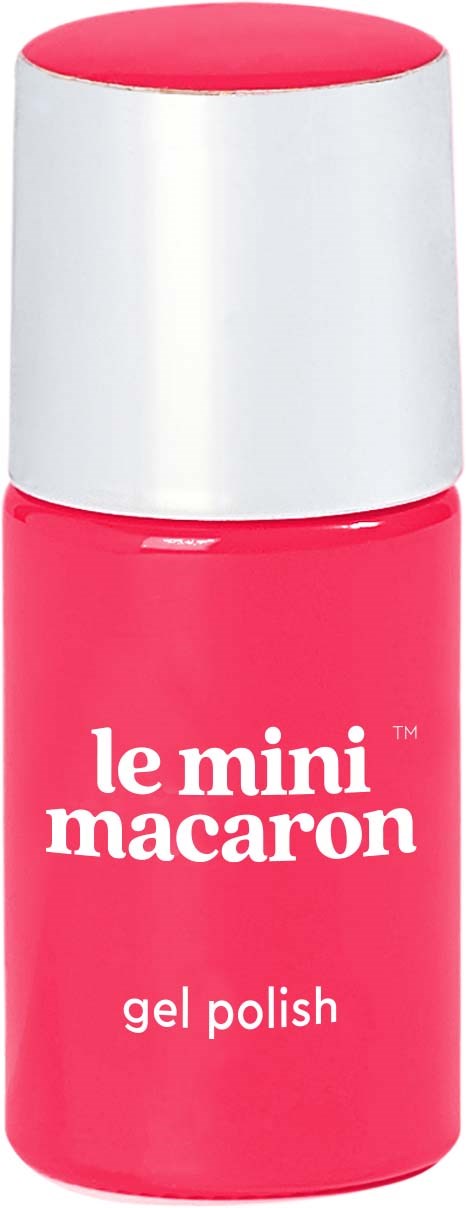 Pink bottle labeled 'le mini macaroon gel polish' with a silver top.
