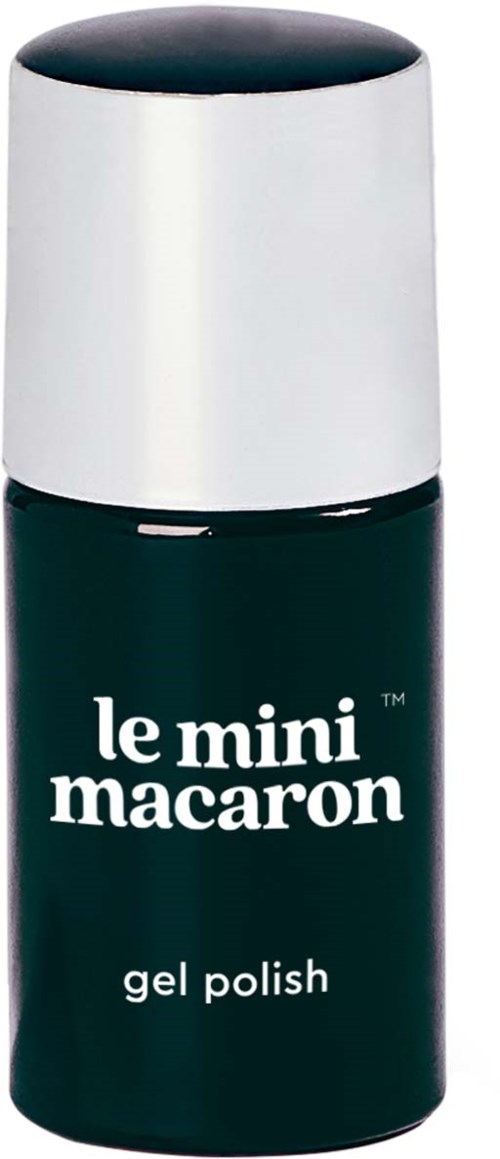 Small bottle of gel nail polish labeled 'le mini macaron'. It is black with a white cap.