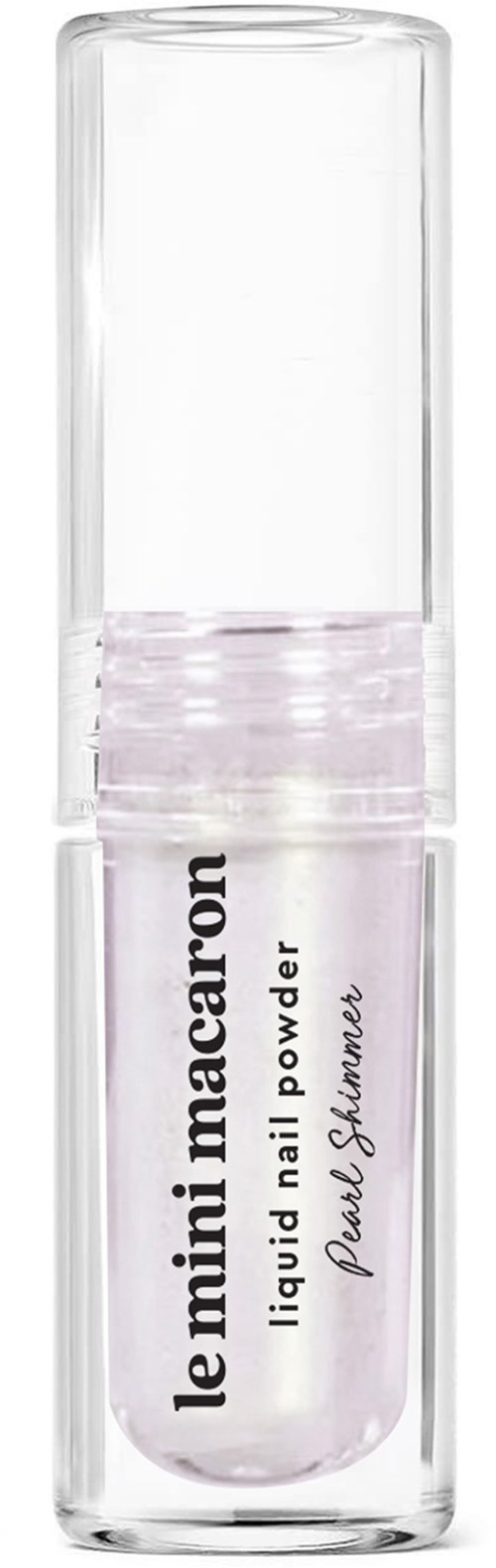 A small, clear bottle of liquid nail powder called Le mini macarons with a transparent cap.