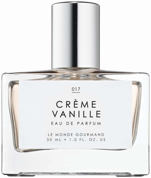 Selkeä tuoksupullo hopeisella kierteellä, merkitty Crème Vanille Eau de Parfum, 30 mL. Elegantti muotoilu.