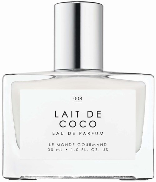 Selkeä hajuvesipullo nimeltä Lait de Coco, valmistaja Le Monde Gourmand, 30 ml.