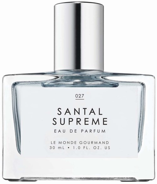 Hajuvesipullo nimeltä Santal Supreme, hopeinen suutin ja kirkas lasi, sisältää 30 ml tuoksua.