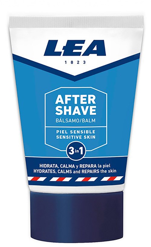 Blue and white tube of aftershave for sensitive skin, with 3-in-1 hydration, calming, and repairing benefits.
