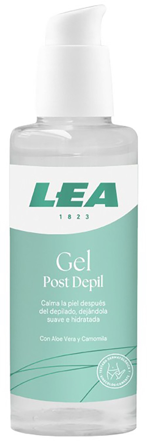 Klare Flasche mit Pumpe, beschriftet "LEA Gel Post Depil," für Haut nach Haarentfernung, mit Aloe Vera und Kamille.