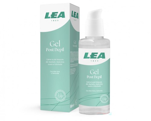Eine Hautpflegegel nach der Rasur, mit einer tealfarbenen Flasche und passender Verpackung, mit der Beschriftung 'LEA Gel Post Depil'.
