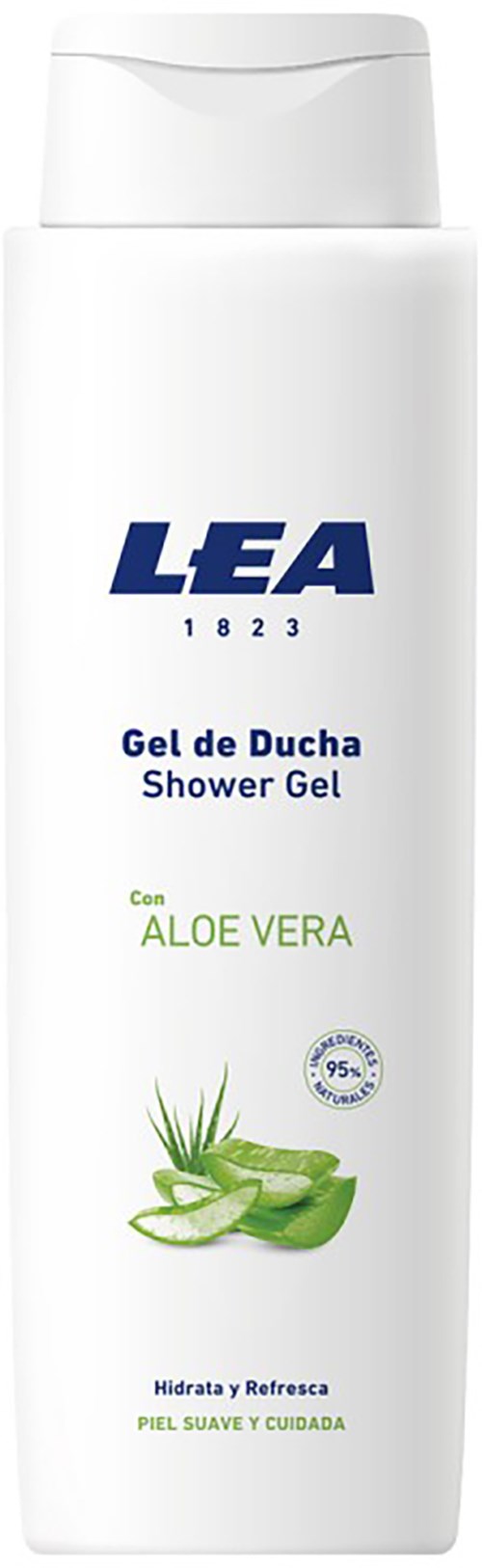 En vit flaska med duschgel med aloe vera, blå och gröna text och en illustration av aloe Vera blad.
