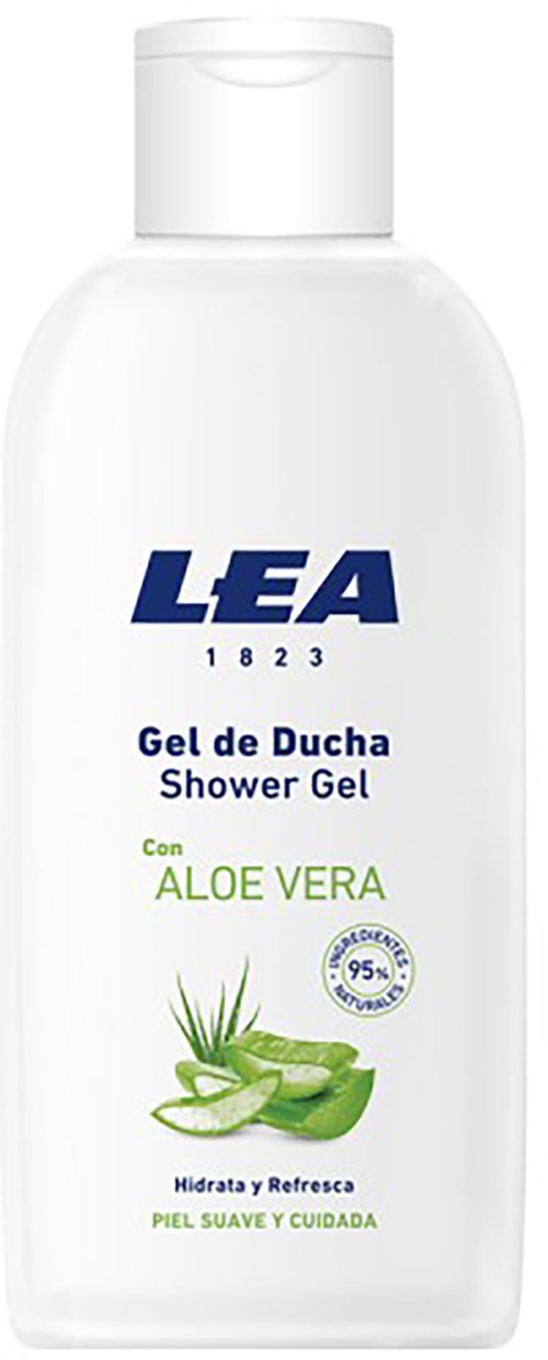 Doucheschuim fles met LEA, aloë vera, aloëplant en waterdruppel. Voor zachte reiniging en hydratatie.