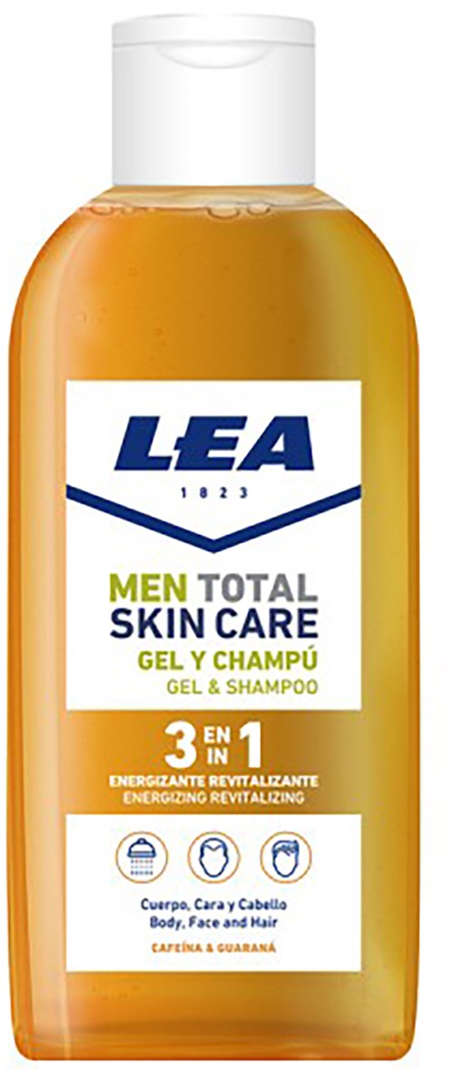 En flaska med LEA Men Total Skin Care Gel och Schampo, med orange vätska inuti och en vit lock.