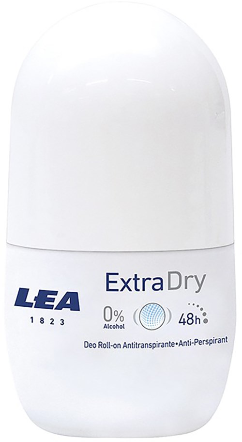 En vit rulle deodorant med blå och svart text, märkta "LEA Extra Dry," håller i 48 timmar med 0% alkohol.