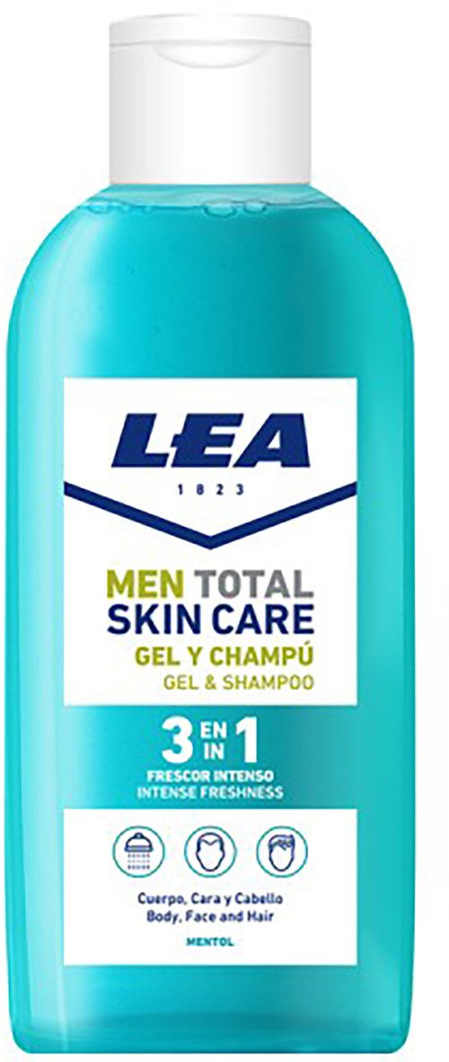A blue bottle of LEA Men Total Skin Care Gel and Shampoo with a white cap and label, promoting 3-in-1 use.