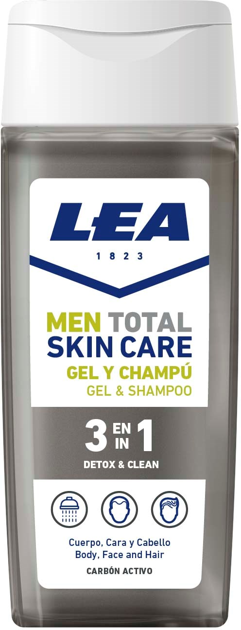 Een duidelijke fles met een witte dop, bevat mannen totale huidverzorgingsgel en shampoo. Het vermeldt 3-in-1 detox en reinigen.