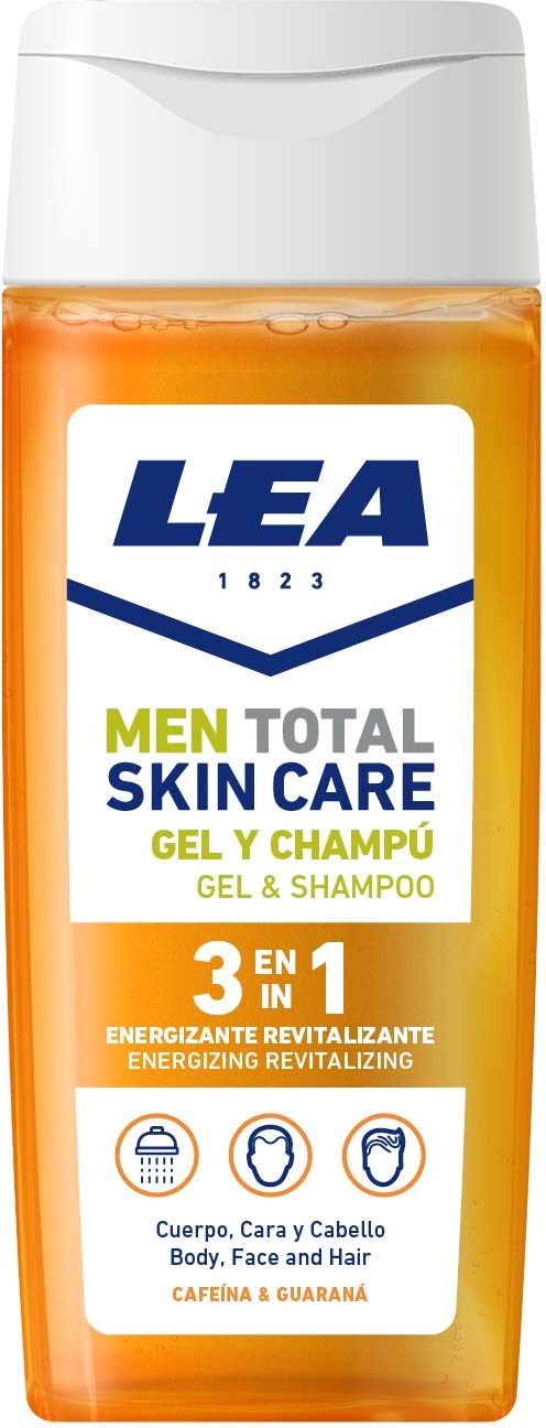 En liten orange flaska märkt 'LEA MEN TOTAL SKIN CARE GEL & SHAMPOO' med ett vitt lock, avsedd för kropp, ansikte och hår.