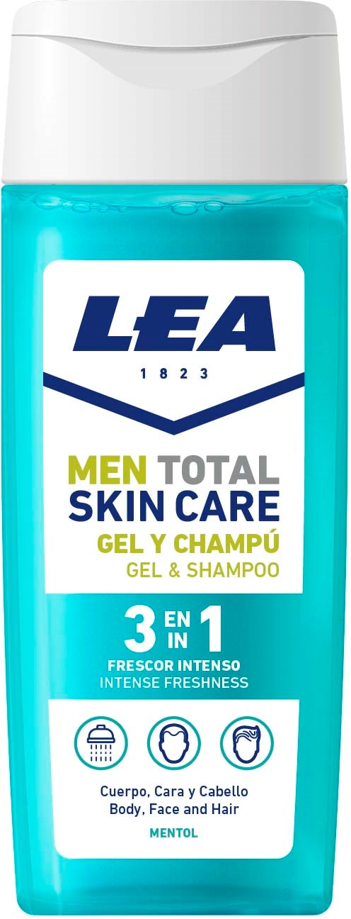 Eine blaue Flasche LEA Men Total Skin Care Gel & Shampoo mit weißem Deckel und Etikett, das die Drei-in-Eins-Nutzung hervorhebt.