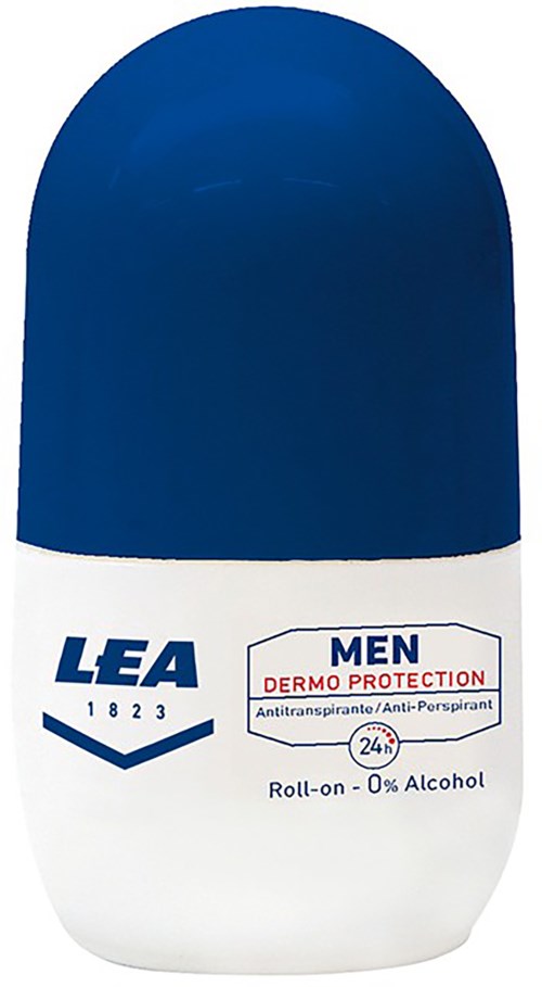 Blå och vit rullande deodorantbehållare med LEA-logga och produktuppgifter för män.