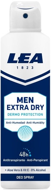 Ein Dosenspray mit der Aufschrift 'LEA MEN EXTRA DRY' mit Feuchtigkeits- und Geruchsschutz, Aloe und Vitamin E.