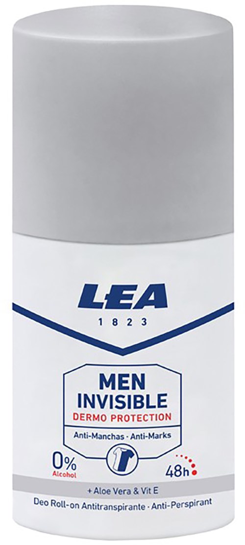 A white and gray deodorant spray can labeled 'LEA Men Invisible Dermo Protection' with 48-hour protection.
