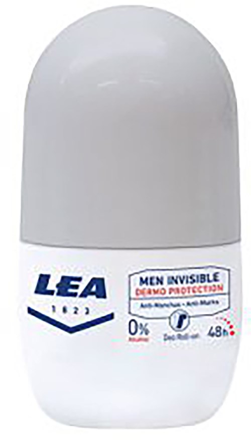 Deodorantenspender mit weißem Deckel und Etikett, mit blauer und roter Schrift und Symbolen.