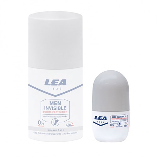Eine weiße Sprühdose und Roll-on-Deodorant mit der Bezeichnung "LEA Men Invisible" zur Hemmung von Verfärbungen.