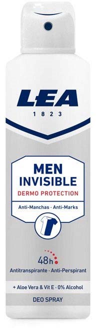 Weiße Deospray mit blauer und roter Schrift, beworben als unsichtbaren Männern Schutz mit Aloe Vera und Vitamin E.