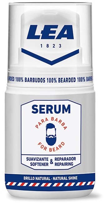Eine weiße Flasche mit blauer und roter Schrift, beschriftet 'LEA SERUM für Bart, Weichmacher, Reparatur, natürlicher Glanz.'