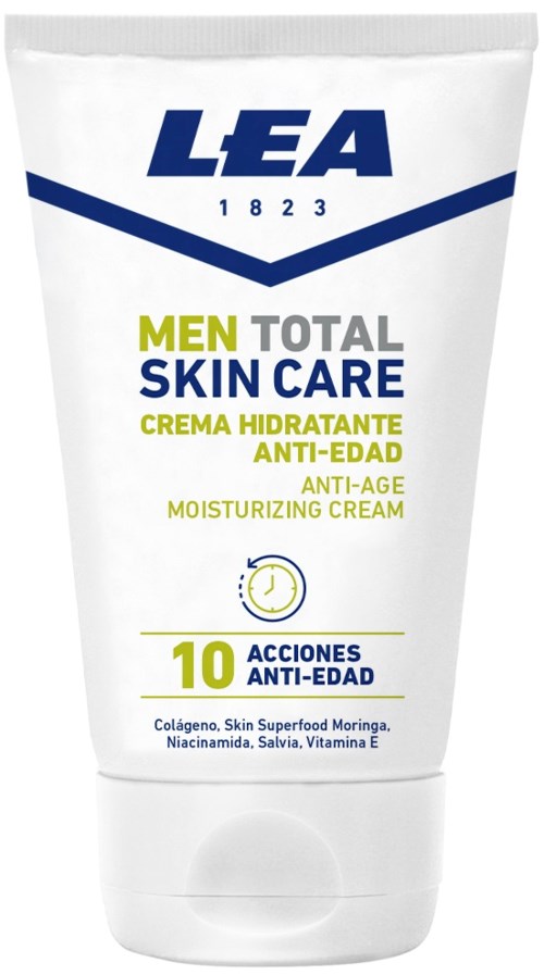 Ein weißes Tuben mit Männer-Feuchtigkeits- und Anti-Aging-Creme, blauer, grüner und gelber Text, Logo oben.